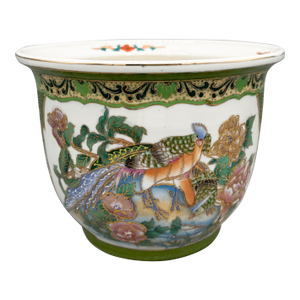 Vintage Chinese Green & White Bird Motif Fish Bowl Planter – Porcelain Garden Pot