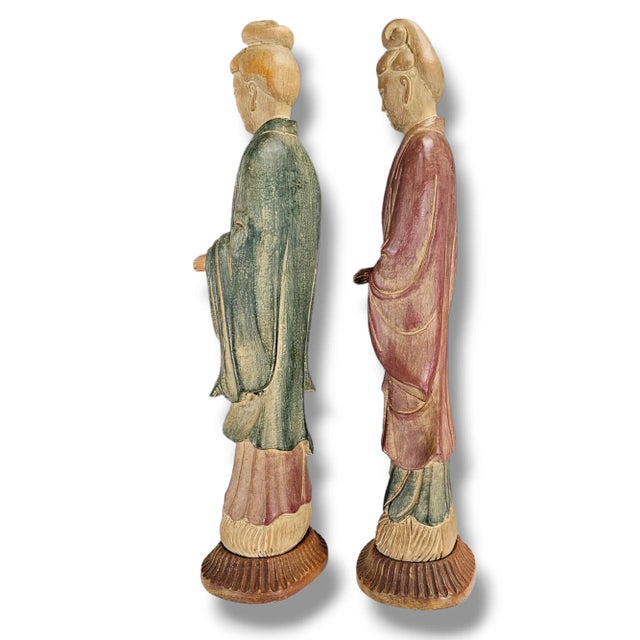 Chinese Pair of Mid-Century Chinese Hand-Carved Wooden Guanyin Figures – Painted Polychrome Finish, 23″ For Sale - Image 3 of 13