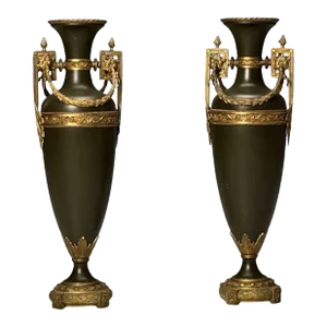 Neoclassical, Pair of Large Urns, Gilt Bronze, Green Painted Metal, 1970s