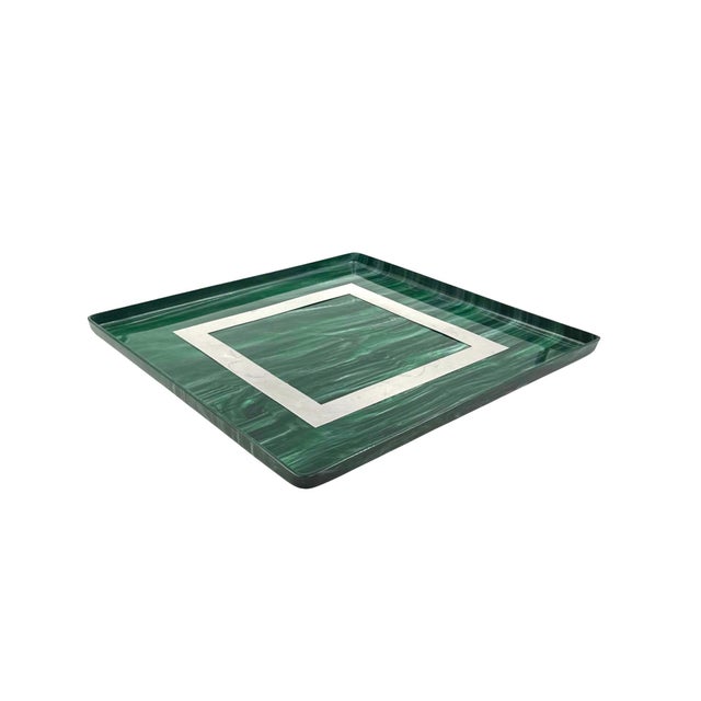 Forest Green Hollywood Regency Malachite Effect Resin and Brass Tray, Italy, 1970s For Sale - Image 8 of 14