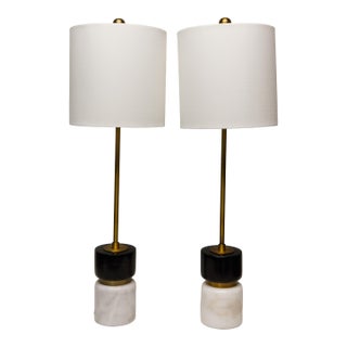 Contemporary Black & White Stone Table Lamps With Brass Finish Fittings a Pair For Sale