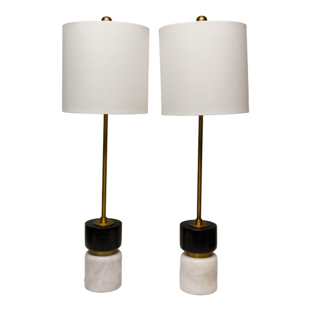 Contemporary Black & White Stone Table Lamps With Brass Finish Fittings a Pair For Sale
