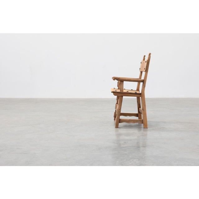Brutalist Armchair with Carved Rosettes and Nailed Wooden Seat, Spain, 1950s For Sale - Image 4 of 16