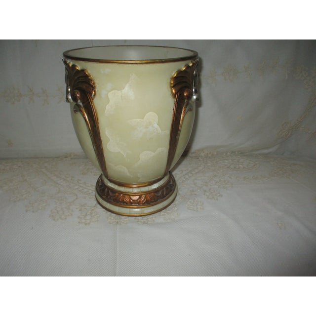 Vintage Hollywood Regency Ornate Pearlize Faux Marble With Bronze & Silver Accents Wastebasket For Sale - Image 4 of 9