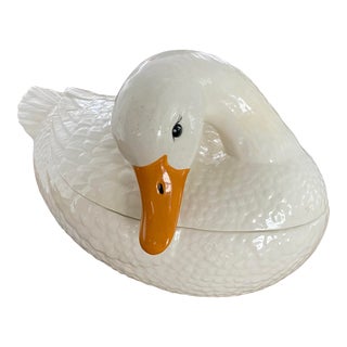 Vintage Mid Century Creamware Lidded Duck Tureen With Ladle For Sale