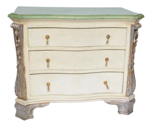 1980s Vintage British Hand-Painted Faux Marble Top & Three-Drawer Cabinet With Hand-Carved Border