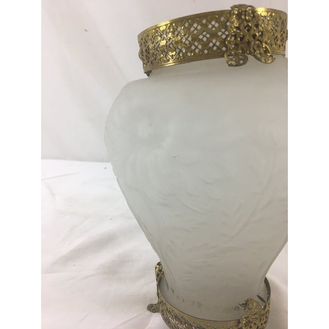 French 1940's Frosted Floral Glass Vase With Brass Setting For Sale - Image 6 of 7