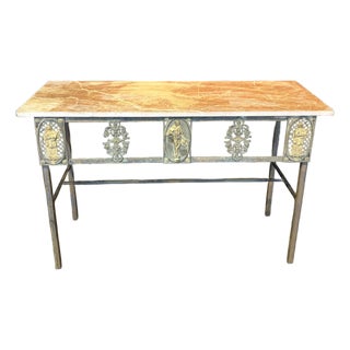 Antique French Balcony Console Table With Marble Top & Gold Figural Wrought Iron For Sale