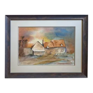 1990s Cottages, Signed Watercolor Painting, Framed