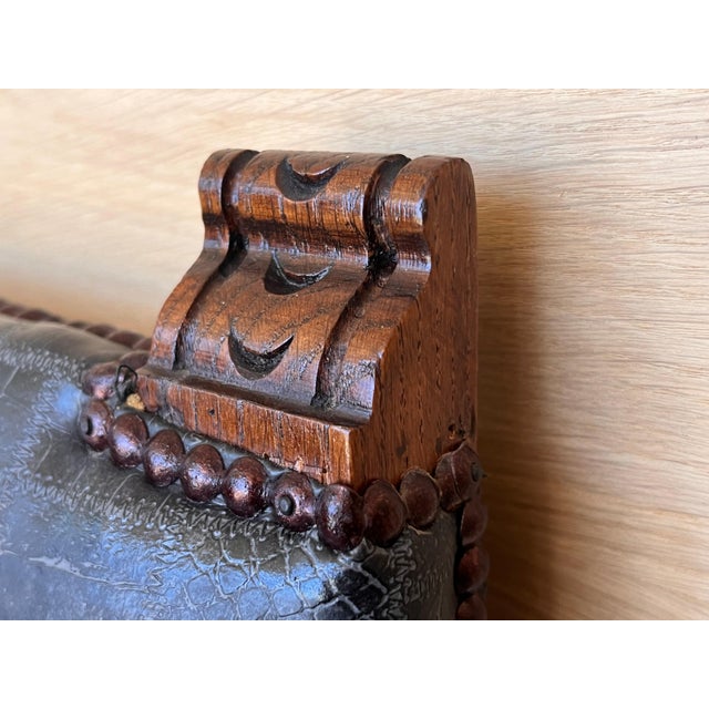 19th Spanish Carved Walnut Armchair with New Black Leather and Solomonic Columns For Sale - Image 4 of 18