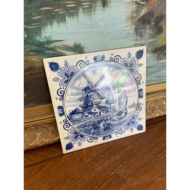 Vintage Dutch Delft Blue Ceramic Tile by Schoonhoven Keramiek, Holland - Windmill and Sailboat Scene. For Sale - Image 4 of 9