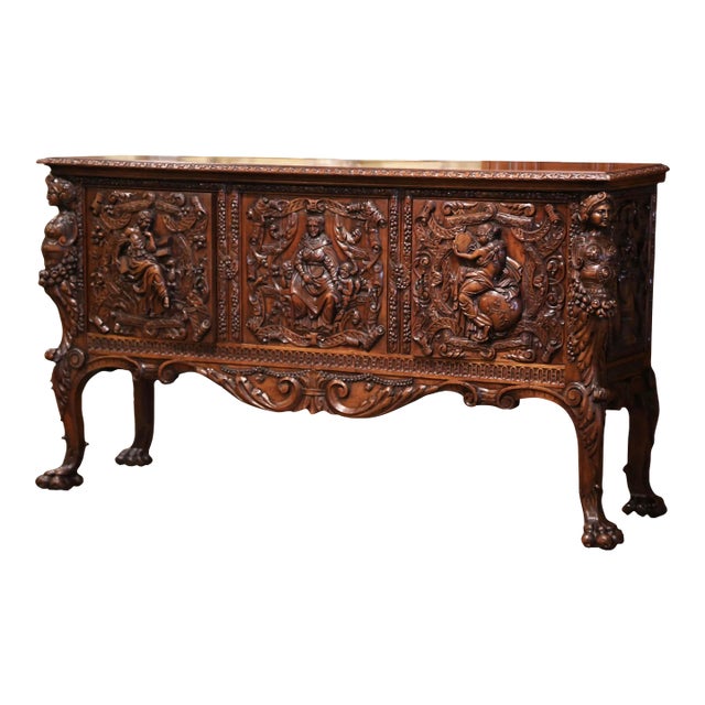 19th C. Italian Renaissance Revival Carved Walnut Credenza With Figural Panels For Sale