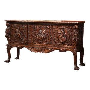 19th C. Italian Renaissance Revival Carved Walnut Credenza With Figural Panels