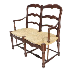 Carved Mahogany Ladder Back Country Rush Seat Loveseat Bench