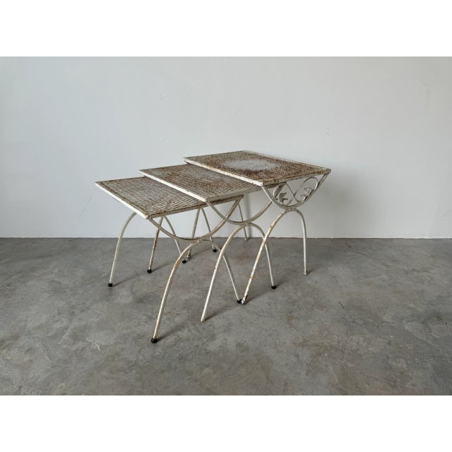 70's Mid-Century Salterini Style Wrought Iron Nesting Patio Side Tables - Set of 3/ Sold For Sale - Image 9 of 12