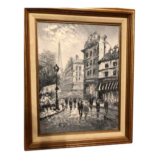 Mid-Century Monochromatic Parisian Street Scene Oil Painting - Signed Burnett For Sale