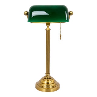 Solid Brass Banker’s Lamp With Green Vianne Glass Shade For Sale