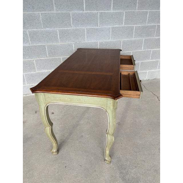 Description: Heritage Grand Tour Country French Walnut Writing Desk. Normal Vintage Furniture Age Wear, such as paint loss...