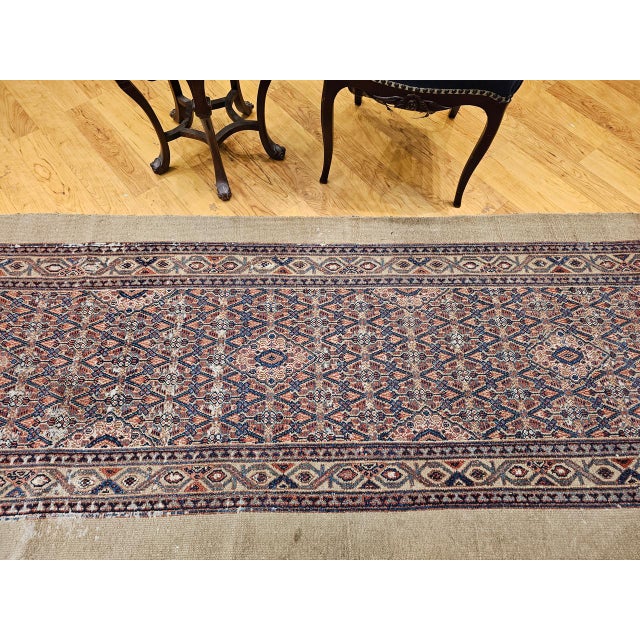 Antique Persian Serab Camel Hair Runner Rug, Hand-Knotted Wool, Allover Geometric Pattern, Red & Blue, 3x20 For Sale - Image 15 of 15