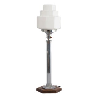 British Art Deco Table Lamp on Hexagonal Base with Opal Skyscraper Shade, 1930 For Sale