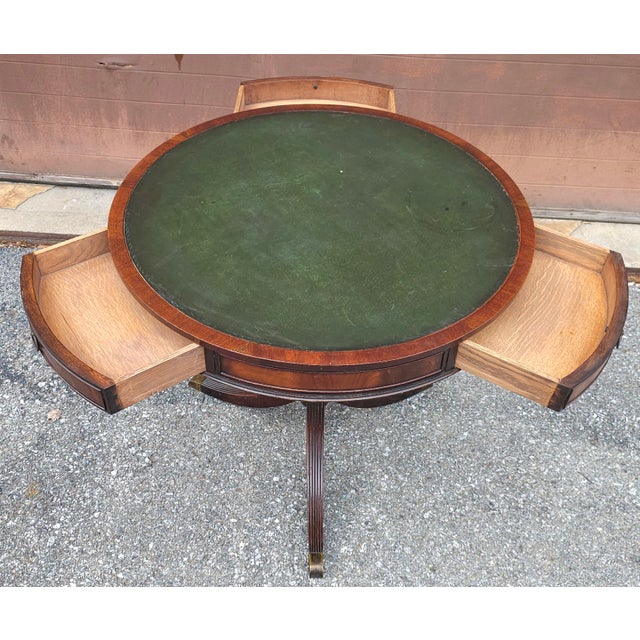 Wood Early 20th Century Georgian Style Tooled Leather Inset Mahogany Three-Drawer Center Table For Sale - Image 7 of 10