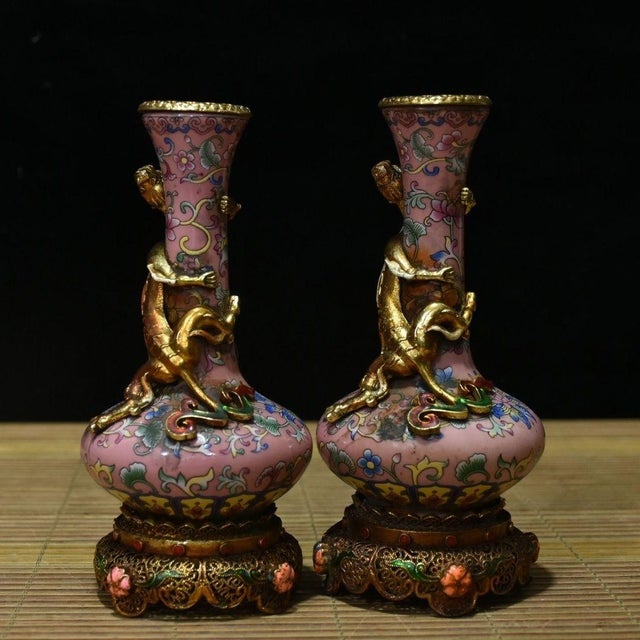 Chinese Vintage Chinese Pink Enamel Vase Pair With Dragon Relief and Filigree Stands For Sale - Image 3 of 9