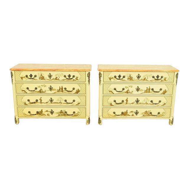 Baker Furniture Style French Regency Louis XVI Chinoiserie Cream Lacquered Dresser Chests, Pair For Sale