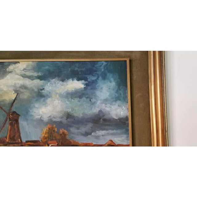 Wood 1970 Vintage Lulu Windmill Countryside Landscape Painting For Sale - Image 7 of 11