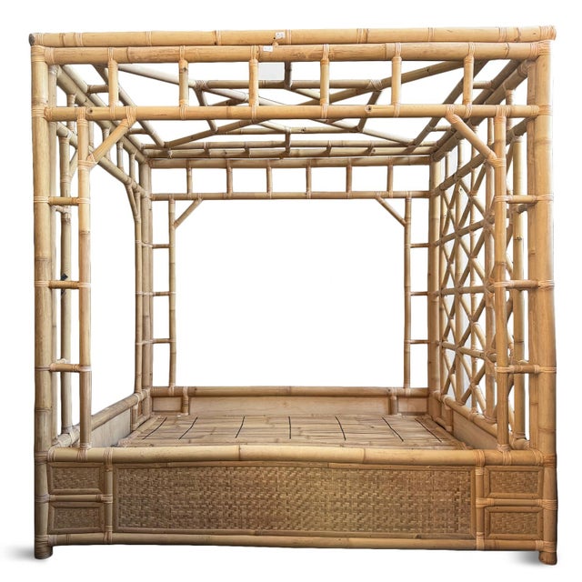 Fantastic plantation style vintage solid bamboo canopy bed frame. Natural raw sanded bamboo with interesting head board...