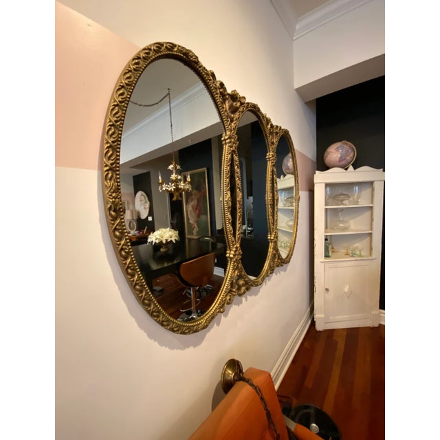 Mid-Century Modern Vintage Mid Century Hollywood Regency Rococo Triple Ring Gilded Wood Mirror For Sale - Image 3 of 7