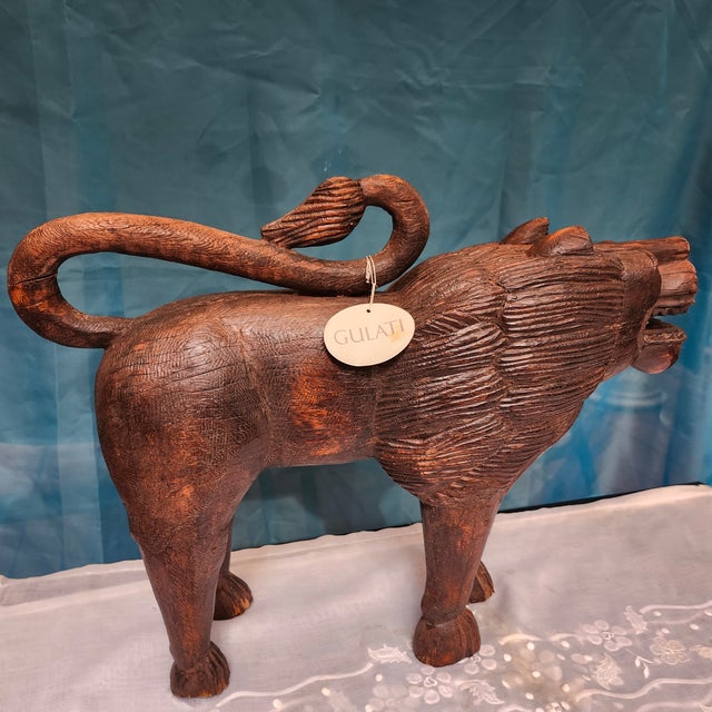 Brown Vintage Hand-Carved Hardwood Lion Sculpture With Gulati Label, 20" For Sale - Image 8 of 10