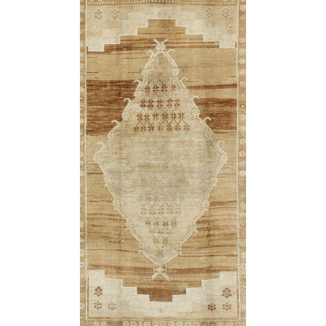 Midcentury Vintage Turkish Rug With Central Medallion in Brown and Ivory For Sale - Image 4 of 9