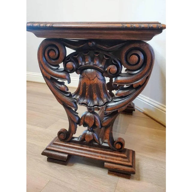 Traditional 19th Century Renaissance Revival Carved Oak Marble Top Table For Sale - Image 3 of 11