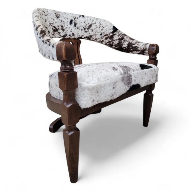 Vintage Asian Inspired Carved Curved Back 3 Leg Dining Chairs Reupholstered in Cowhide - Set of 4 For Sale In Chicago - Image 6 of 6