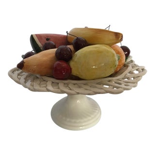 Italian Handpainted 1950’s Bassano Capodimonte Fruit Centerpiece Ceramic Lattice Handpainted For Sale