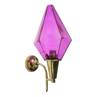 Brass Wall Lamp with Lilac Murano Glass, 1950s For Sale