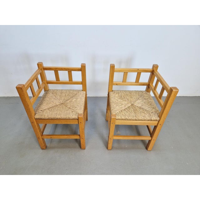 Wood Vintage Dutch Art Deco Style Corner Chair in Oak and Rush, 1950s, Set of 2 For Sale - Image 7 of 13