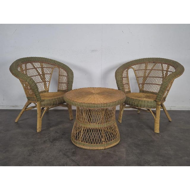 Rattan and Wicker Living Room Set with Armchairs and Coffee Table, Set of 3, in Very Good conditions.