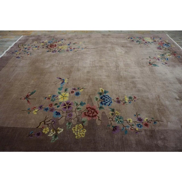 Art Deco 1920s Tan Taupe Garden Antique Chinese Art Deco Carpet 8'9" X 11'6" Handknotted Wool Rug For Sale - Image 3 of 15