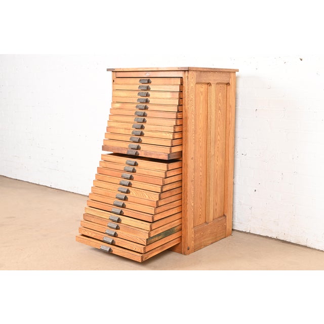 Wood Antique Oak 25-Drawer Architect's Blueprint Flat File Cabinet by Hamilton, Circa 1900 For Sale - Image 7 of 15