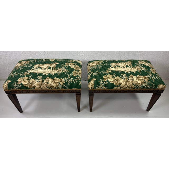 Classic Chippendale Style Benches With Schumacher Dog Toile Upholstery For Sale - Image 9 of 10