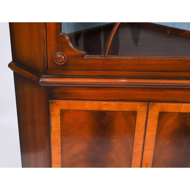 Blue Vintage 20th Century English Flame Mahogany Corner Display Cabinets from Harrods For Sale - Image 8 of 18