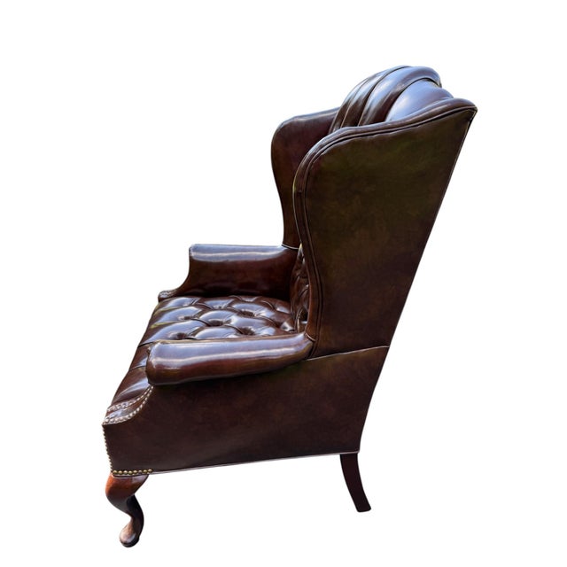 Queen Anne Mid 20th Century Queen Anne Style Tufted Leather Look Wingback Chair For Sale - Image 3 of 9