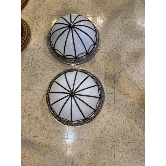 Neoclassical 1940 Leaded Glass and Silver Plated Flush Mount For Sale - Image 3 of 4