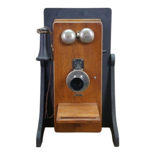 Antique Sears Roebuck & Co Oak Hand Crank Wall Telephone Phone on Stand 24" For Sale