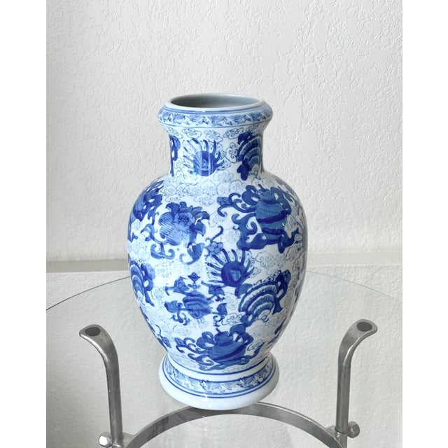 1990s Late 20th-Century Contemporary Blue White Chinoiserie Earthenware Vase For Sale - Image 5 of 13