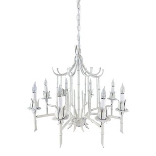 Mid Century Vintage Faux Bamboo Pagoda White Chandelier, 6 Arm For Sale