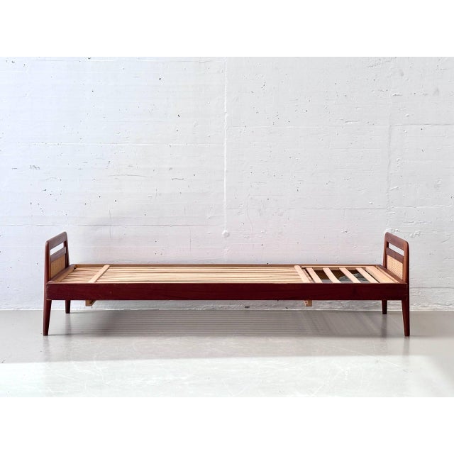 Swiss Form Teak Bed with Rattan Weave, Switzerland, 1950s For Sale - Image 5 of 17