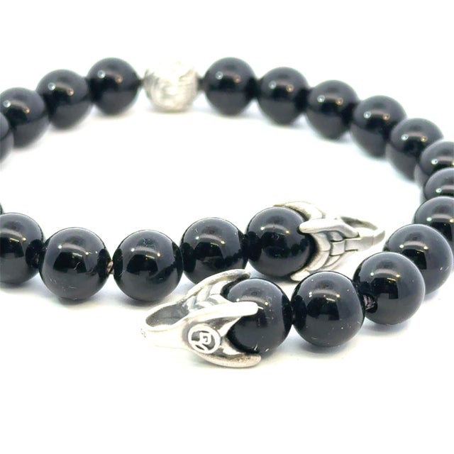 1990s David Yurman Estate Matte Onyx Carved Prayer Beads Bracelet 8.5" Silver For Sale - Image 9 of 12