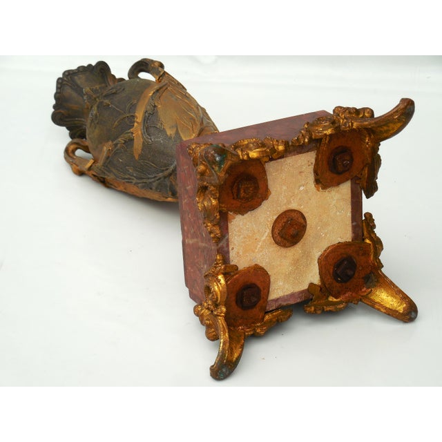 Metal Antique Neoclassical Gilt Spelter Urn / Amphora Vase on Red Marble Base For Sale - Image 7 of 9
